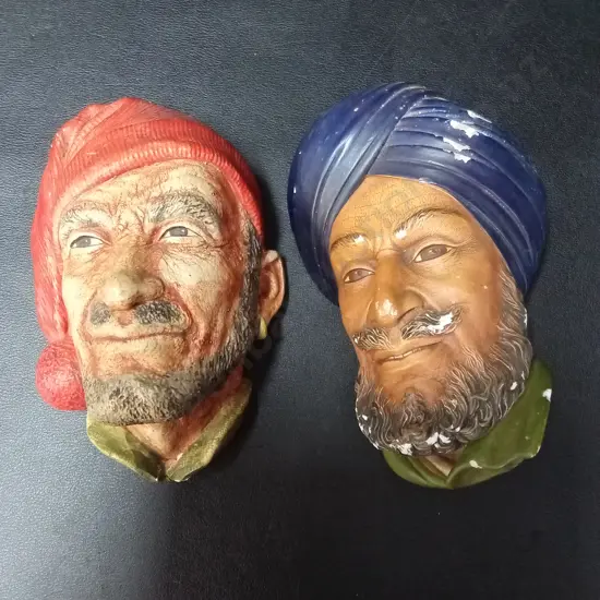 2 VINTAGE BOSSONS CHALKWARE WALL MASKS "RED HAT" AND "SIKH MAN" TALLEST H13CM