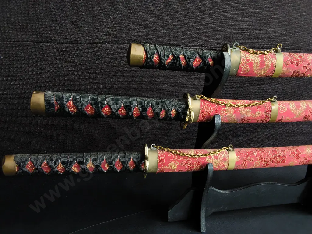 3 PIECE JAPANESE SAMURAI SWORD SET WITH DISPLAY STAND, RED AND GOLD DRAGON DESIGN Image 1++