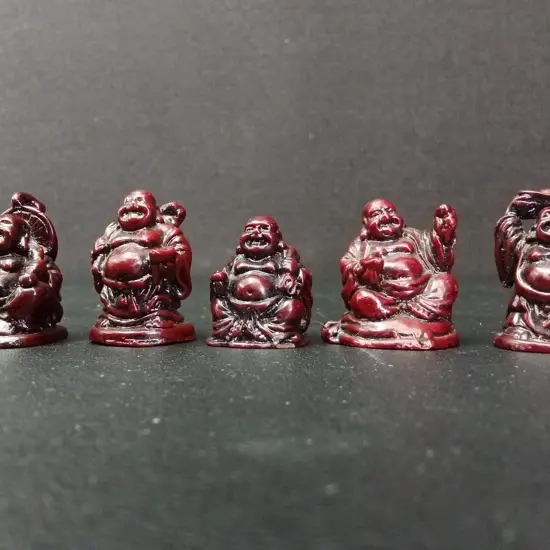 5 RED RESIN LAUGHING BUDDHA FIGURES TALLEST H3CM