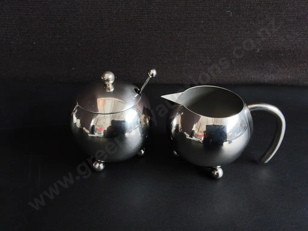 VINTAGE STAINLESS STEEL ORB STYLE CREAMER AND SUGAR BOWL SET, TALLEST H 10 CM Image 1++