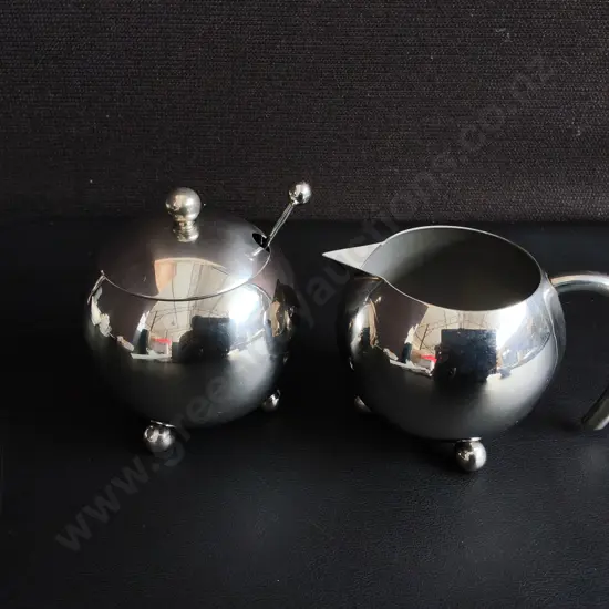 VINTAGE STAINLESS STEEL ORB STYLE CREAMER AND SUGAR BOWL SET, TALLEST H 10 CM