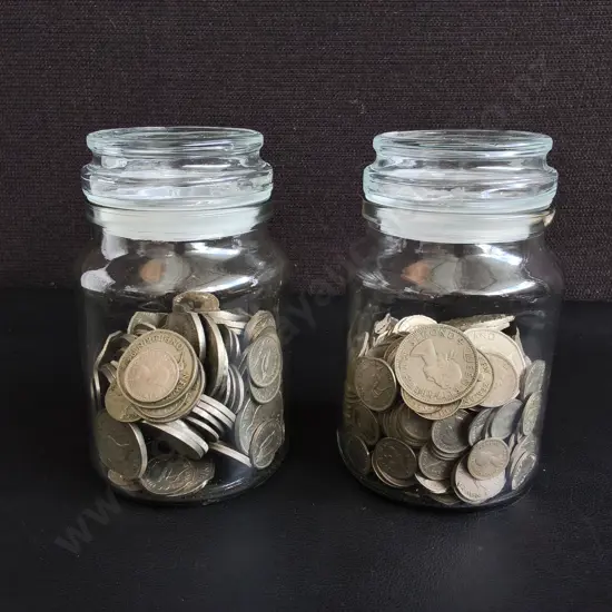 COIN COLLECTION IN 2 JARS, JAR H 13 CM