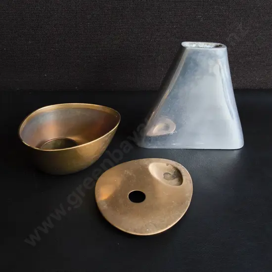 AESOP SOLID BRASS OIL BURNER AND METAL VASE, TALLEST H 14 CM