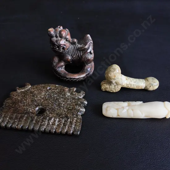 VINTAGE CHINESE CARVED JADE AND STONE ITEMS, 4 PIECES, TALLEST H 6 CM