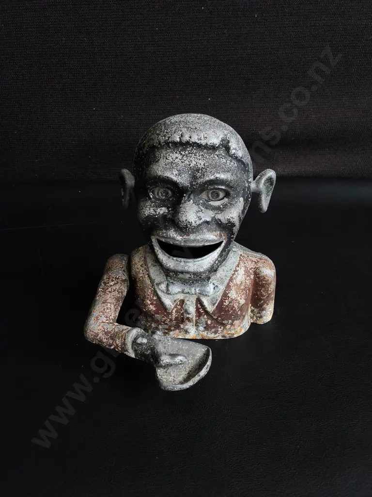 VINTAGE STARKIE'S PATENT MECHANICAL "JOLLY BOY" ALUMINIUM MONEY BOX, H 14 CM Image 1++