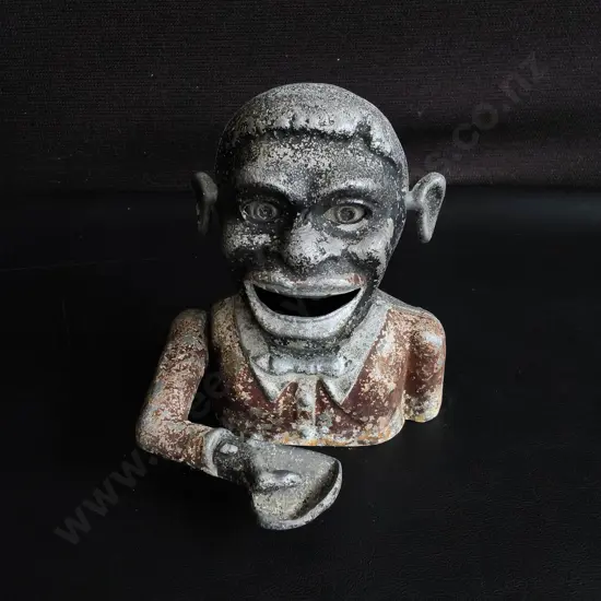 VINTAGE STARKIE'S PATENT MECHANICAL "JOLLY BOY" ALUMINIUM MONEY BOX, H 14 CM