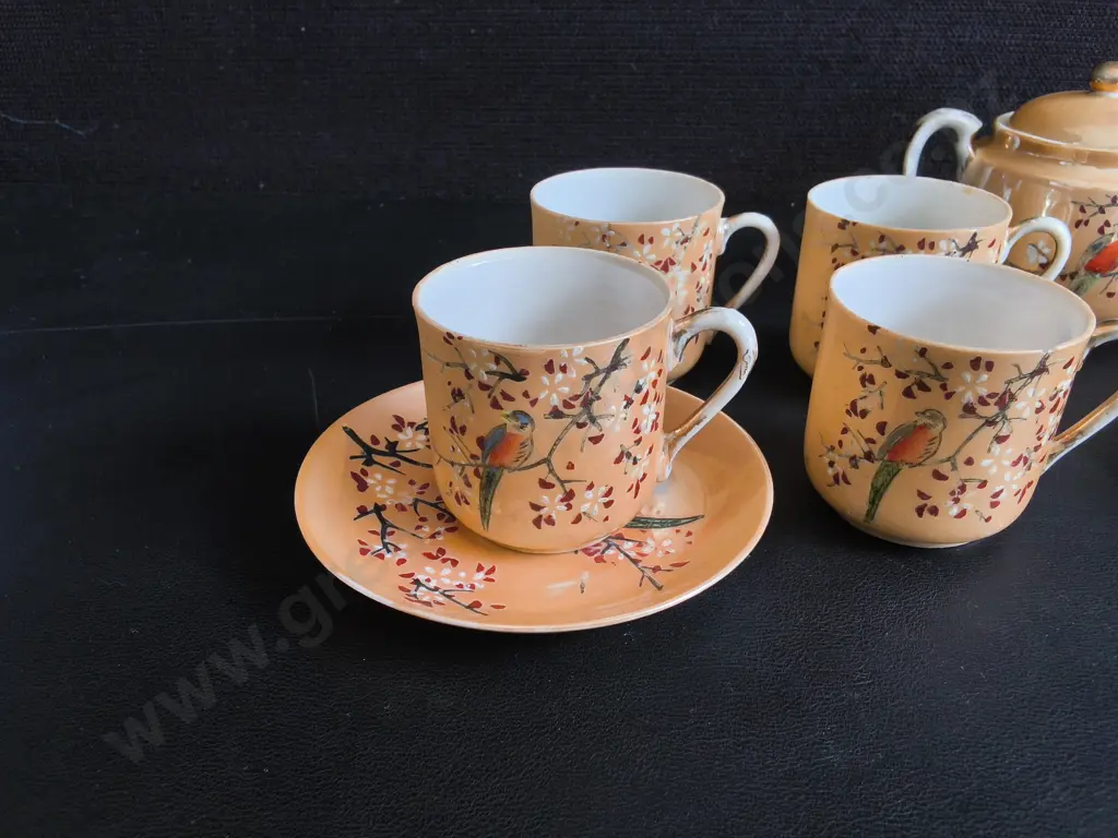 VINTAGE JAPANESE LUSTERWARE TEA SET, 11 PIECES, TALLEST 8 CM, CHIP PICTURED Image 1++