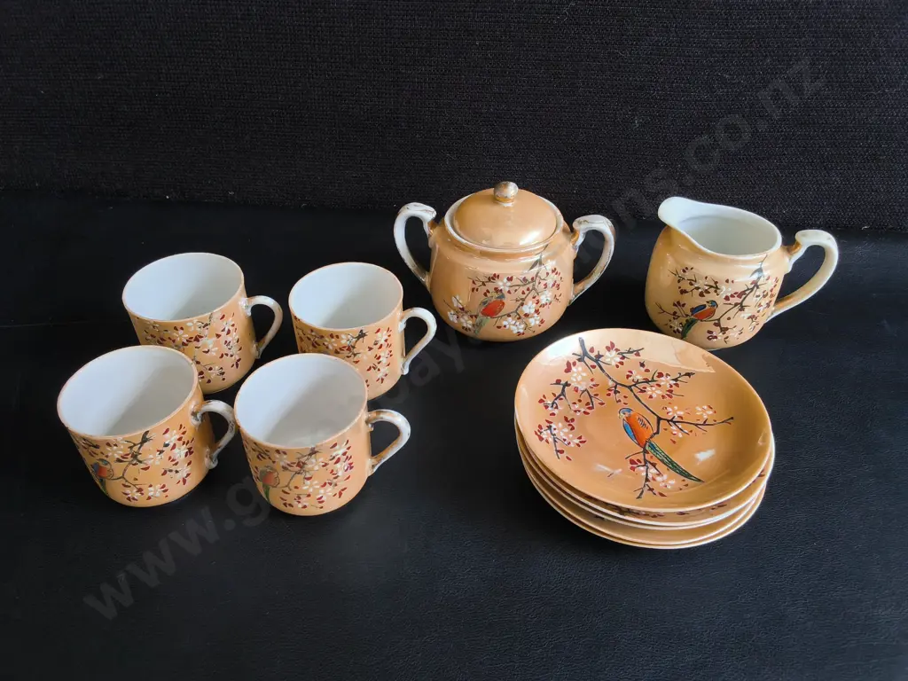 VINTAGE JAPANESE LUSTERWARE TEA SET, 11 PIECES, TALLEST 8 CM, CHIP PICTURED Image 1++