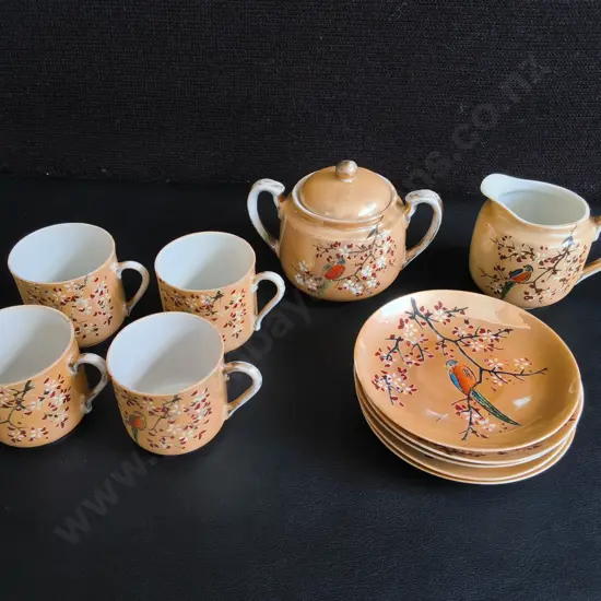 VINTAGE JAPANESE LUSTERWARE TEA SET, 11 PIECES, TALLEST 8 CM, CHIP PICTURED