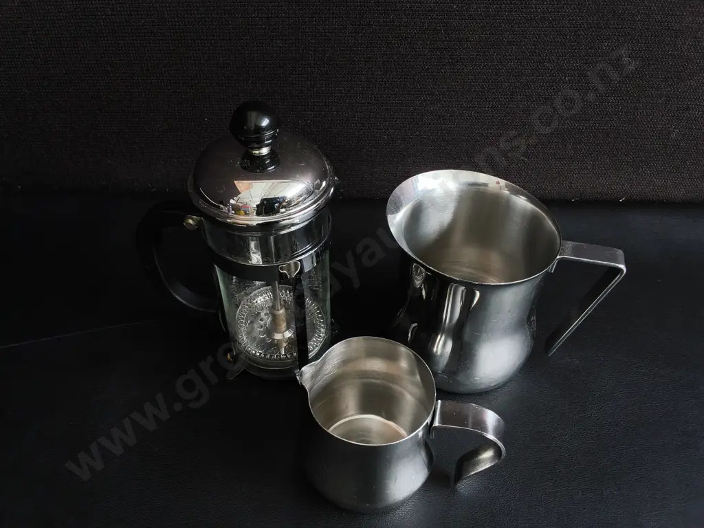3 PIECES, FRENCH PRESS AND FROTHING PITCHERS, TALLEST H 17 CM Image 1++