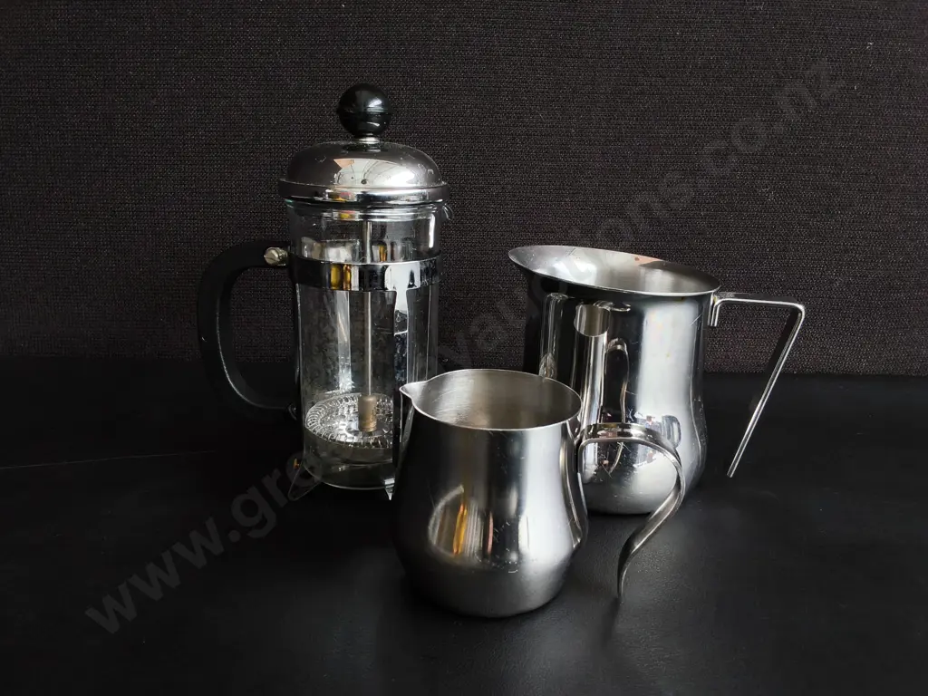3 PIECES, FRENCH PRESS AND FROTHING PITCHERS, TALLEST H 17 CM Image 1++