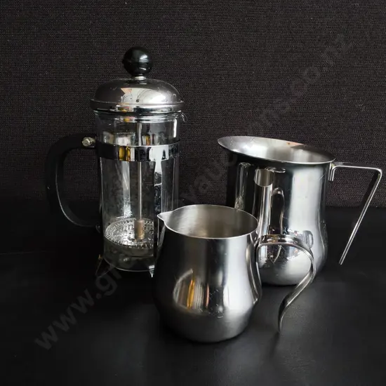 3 PIECES, FRENCH PRESS AND FROTHING PITCHERS, TALLEST H 17 CM