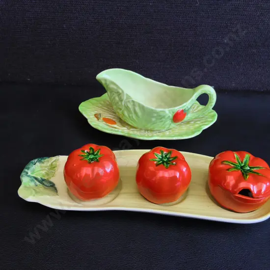 VINTAGE CERAMIC CARLTONWARE "SALAD WARE", INCLUDING CRUET SET TRAY, AND GRAVY BOAT SET, WIDEST W 22 CM