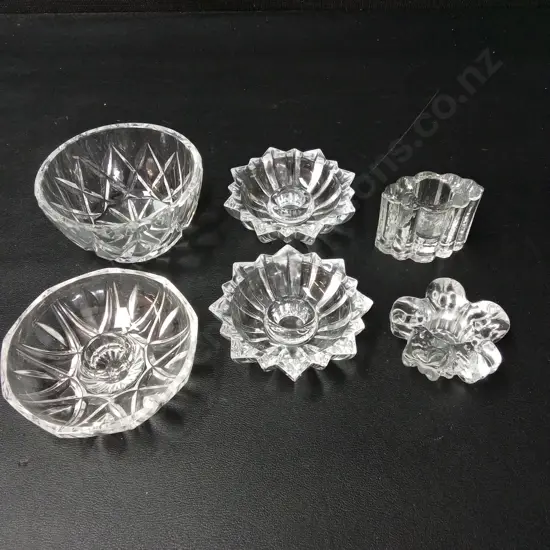 6 VINTAGE GLASS CANDLE HOLDERS LARGEST D10CM
