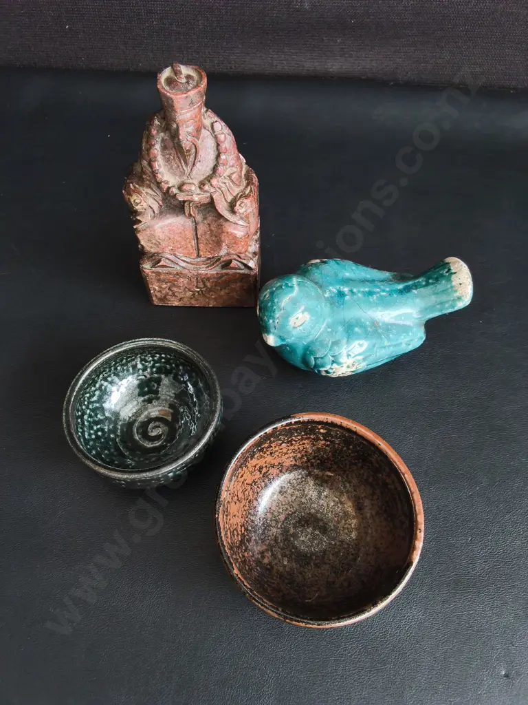 VINTAGE ASIAN CERAMIC AND STONE SCHOLAR'S ITEMS, 4 PIECES, TALLEST H 18 CM Image 1++