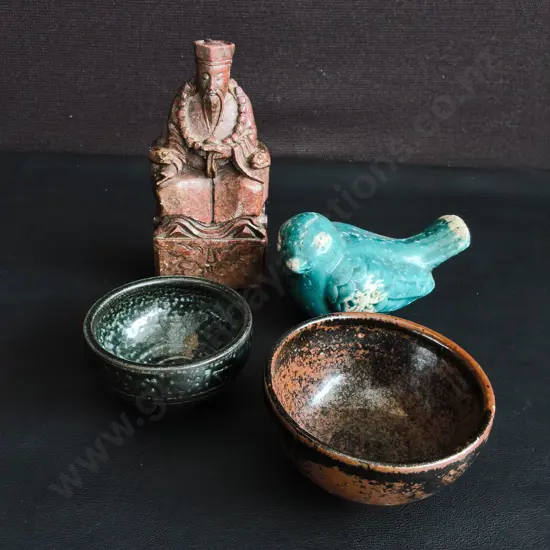 VINTAGE ASIAN CERAMIC AND STONE SCHOLAR'S ITEMS, 4 PIECES, TALLEST H 18 CM