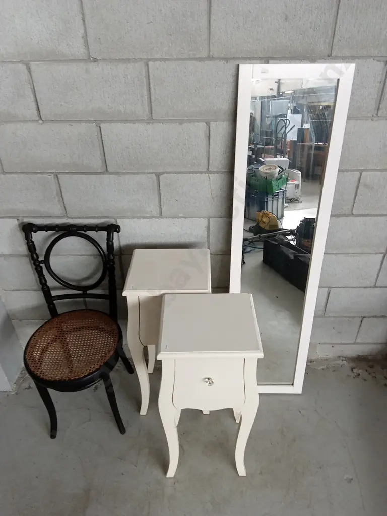 BEDROOM COLLECTION OF SIDE TABLES, CHAIR, AND FREESTANDING, MIRROR Image 1++