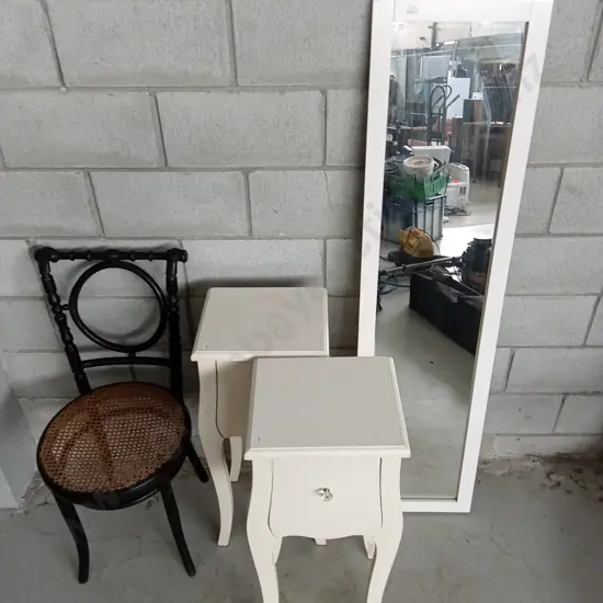 BEDROOM COLLECTION OF SIDE TABLES, CHAIR, AND FREESTANDING, MIRROR