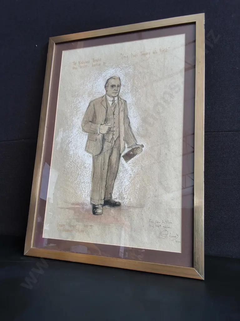 ORIGINAL 1971 NATIONAL THEATRE COSTUME DESIGN SKETCH BY MICHAEL ANNALS- SIR LAURENCE OLIVIER AS JAMES TYRONE, FRAMED Image 1++
