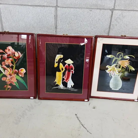 3 FRAMED EMBROIDERED ARTWORKS 43CM X 54CM