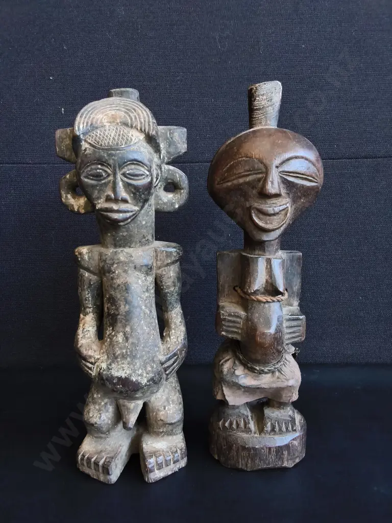 PAIR OF VINTAGE AFRICAN HAND CARVED WOODEN TRIBAL STATUES, TALLEST H 35 CM Image 1++