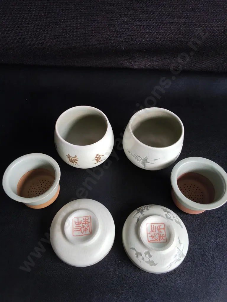 PAIR OF VINTAGE KOREAN INLAID CELADON TEA CUPS, BUILT IN INFUSERS AND LIDS Image 1++