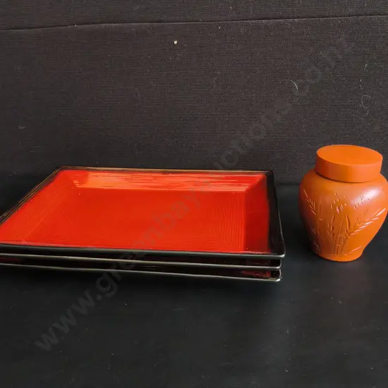 SET OF 3 RED SERVING PLATTERS AND CERAMIC LIDDED JAR, WIDEST W 39 CM