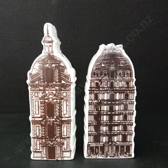 PAIR OF HISTORIC BUILDING MONEY BOXES TALLEST H28CM