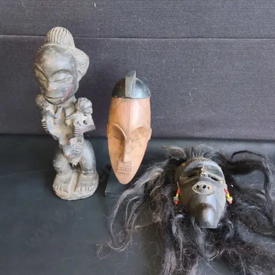COLLECTION OF TRADITIONAL AFRICAN HAND CARVED WOOD ART, 3 PIECES, TALLEST H 38 CM