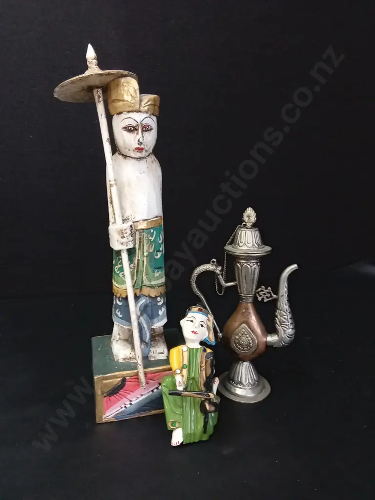 TIBETAN BUMPA POT, BALINESE WOODEN FIGURE AND A BURMESE MUSICIAN FIGURE TALLEST H40CM Image 1++
