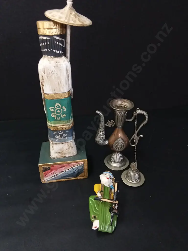 TIBETAN BUMPA POT, BALINESE WOODEN FIGURE AND A BURMESE MUSICIAN FIGURE TALLEST H40CM Image 1++