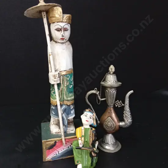 TIBETAN BUMPA POT, BALINESE WOODEN FIGURE AND A BURMESE MUSICIAN FIGURE TALLEST H40CM