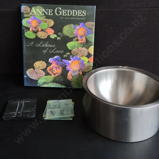 MIX OF HOMEWARE, INCLUDING COASTERS, METAL BOWL, AND BOOK