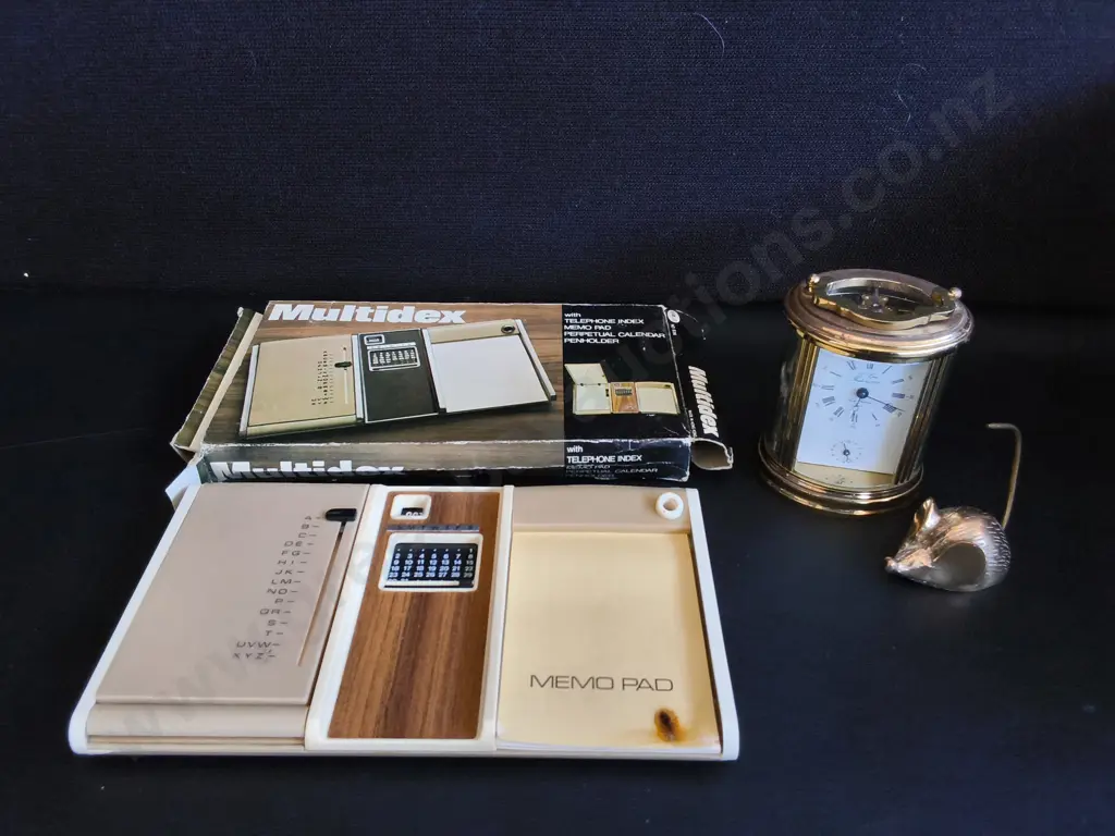 VINTAGE MID CENTURY DESK ACCESSORIES, INCLUDING BOXED MULTIDEX DESK ORGANIZER, CARRIAGE CLOCK, AND METAL MOUSE Image 1++