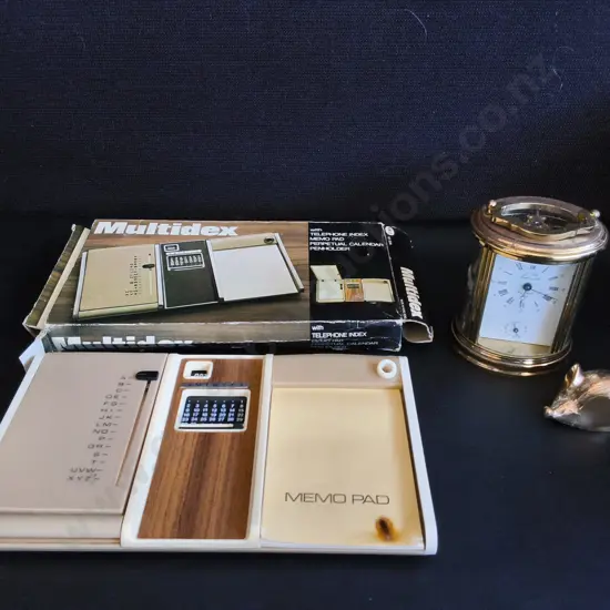 VINTAGE MID CENTURY DESK ACCESSORIES, INCLUDING BOXED MULTIDEX DESK ORGANIZER, CARRIAGE CLOCK, AND METAL MOUSE