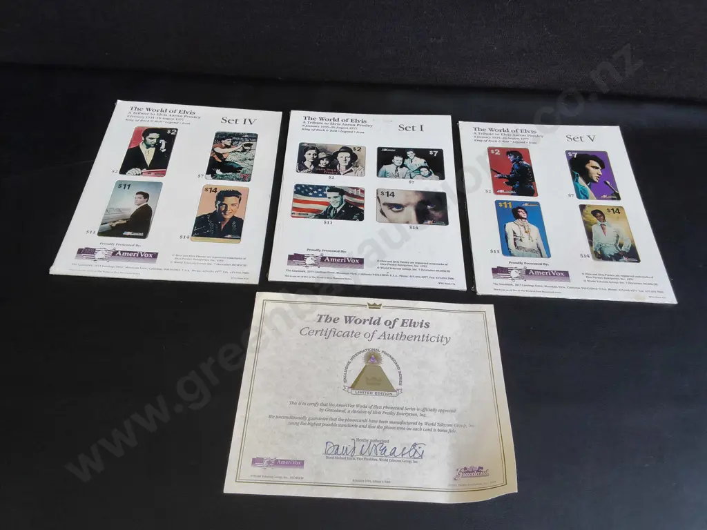 VINTAGE AMERIVOX "THE WORLD OF ELVIS" PREPAID PHONE CARDS, SET I, IV, V WITH COA Image 1++
