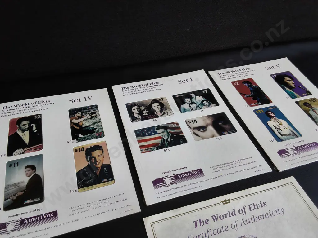 VINTAGE AMERIVOX "THE WORLD OF ELVIS" PREPAID PHONE CARDS, SET I, IV, V WITH COA Image 1++