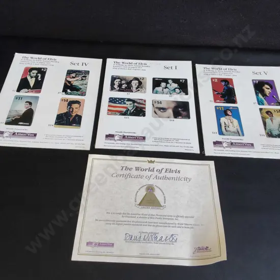 VINTAGE AMERIVOX "THE WORLD OF ELVIS" PREPAID PHONE CARDS, SET I, IV, V WITH COA