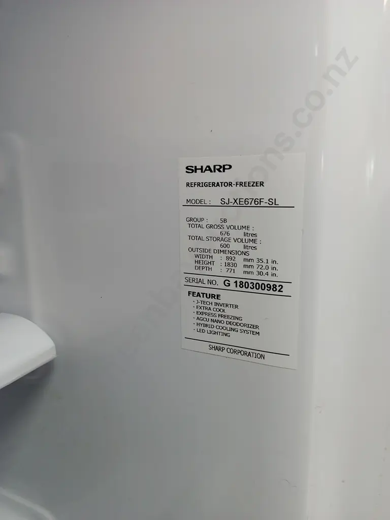 SHARP FRENCH DOOR STYLE FRIDGE FREEZER, H 183CM X W 89CM X D 75CM Image 1++