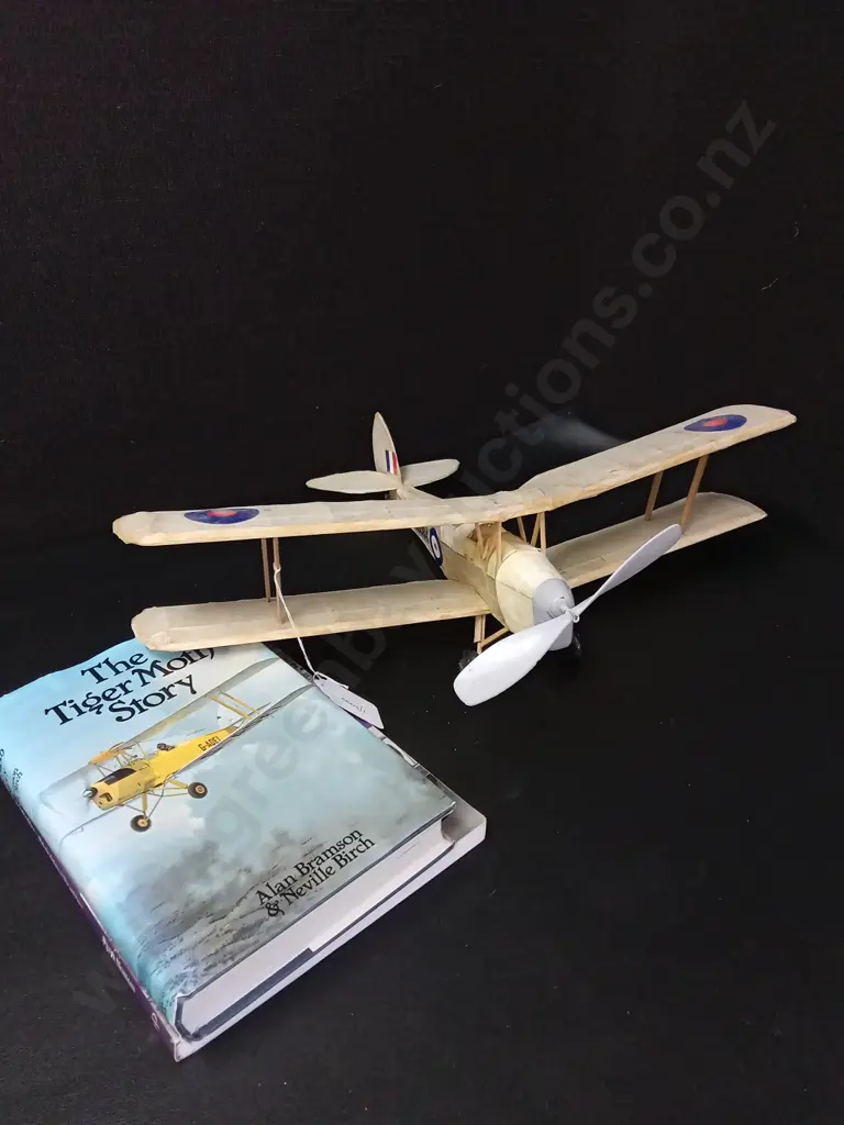 VINTAGE TISSUE AND BALSA WOOD TIGER MOTH MODEL PLANE L45CM AND 2 BOOKS ON TIGER MOTHS Image 1++