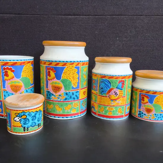 5 PIECES VINTAGE DUNOON STONEWARE KITCHEN STORAGE JARS, TALLEST H 21 CM