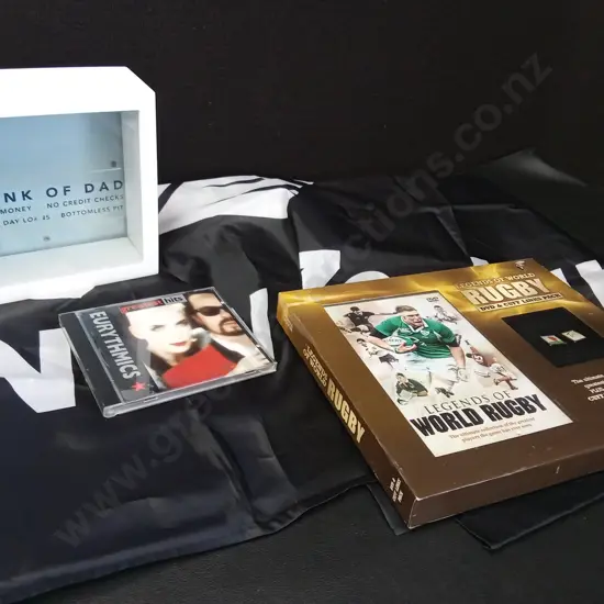 ASSORTED ITEMS INCLUDING LEGENDS OF WORLD RUGBY DVD AND CUFFLINKS