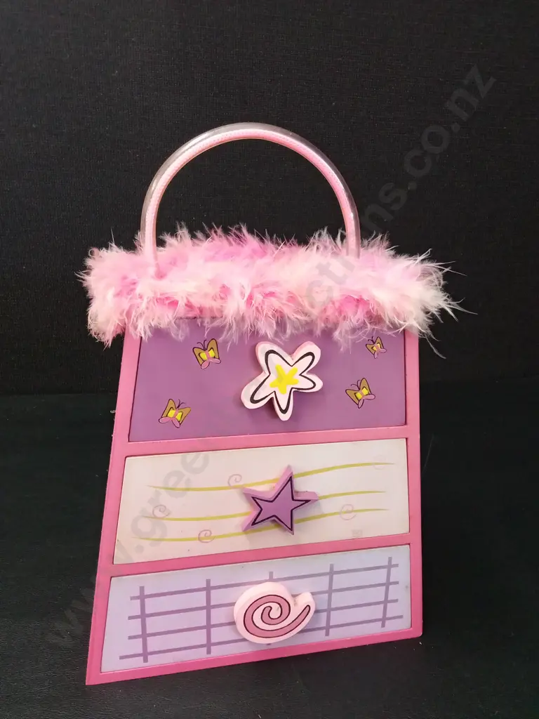 WOODEN HANDBAG JEWELLERY BOX AND CONTENTS H19CM Image 1++