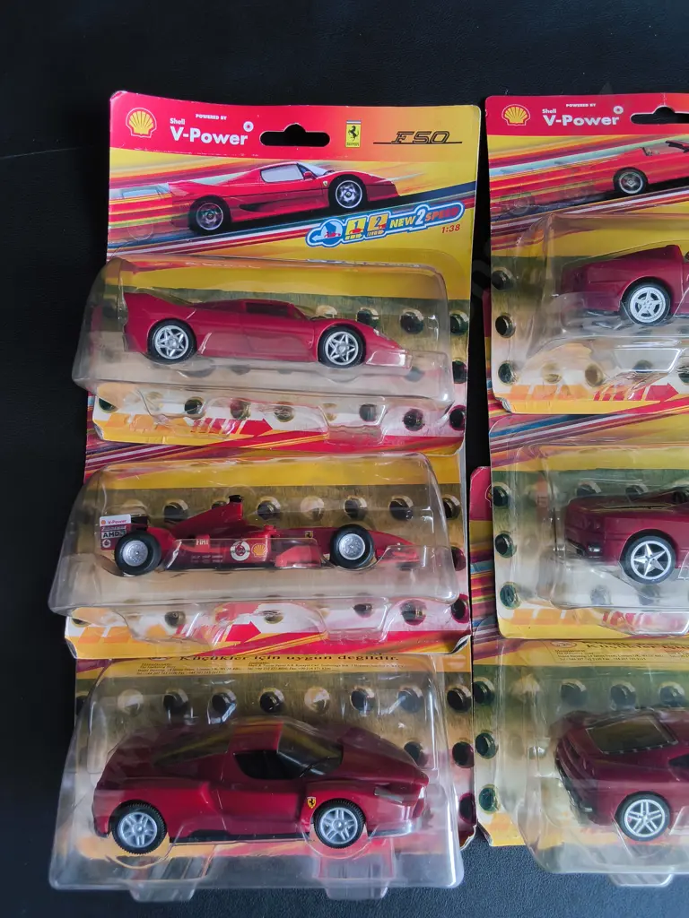 6 PIECE COLLECTION OF BRAND NEW 1:38 SCALE HOT WHEELS SHELL V-POWER FERRARI DIE CAST MODEL CARS Image 1++