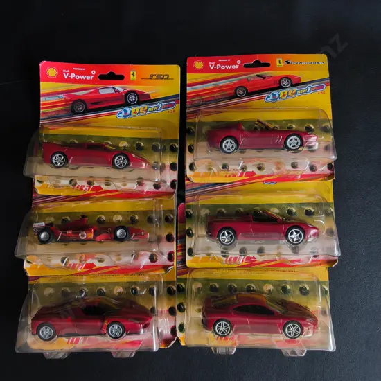 6 PIECE COLLECTION OF BRAND NEW 1:38 SCALE HOT WHEELS SHELL V-POWER FERRARI DIE CAST MODEL CARS
