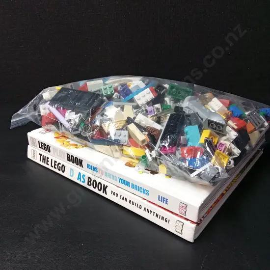 2 BOOKS ON LEGO AND A COLLECTION OF LEGO PIECES