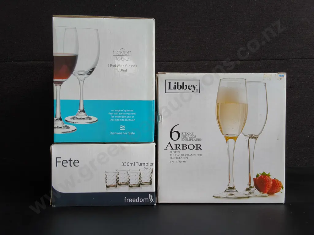 BRAND NEW 3 BOX GLASSWARE, WINE GLASSES, CHAMPAGNE FLUTES, TUMBLERS, 2 SETS OF 4 AND ONE SET OF 6, BOXED Image 1++