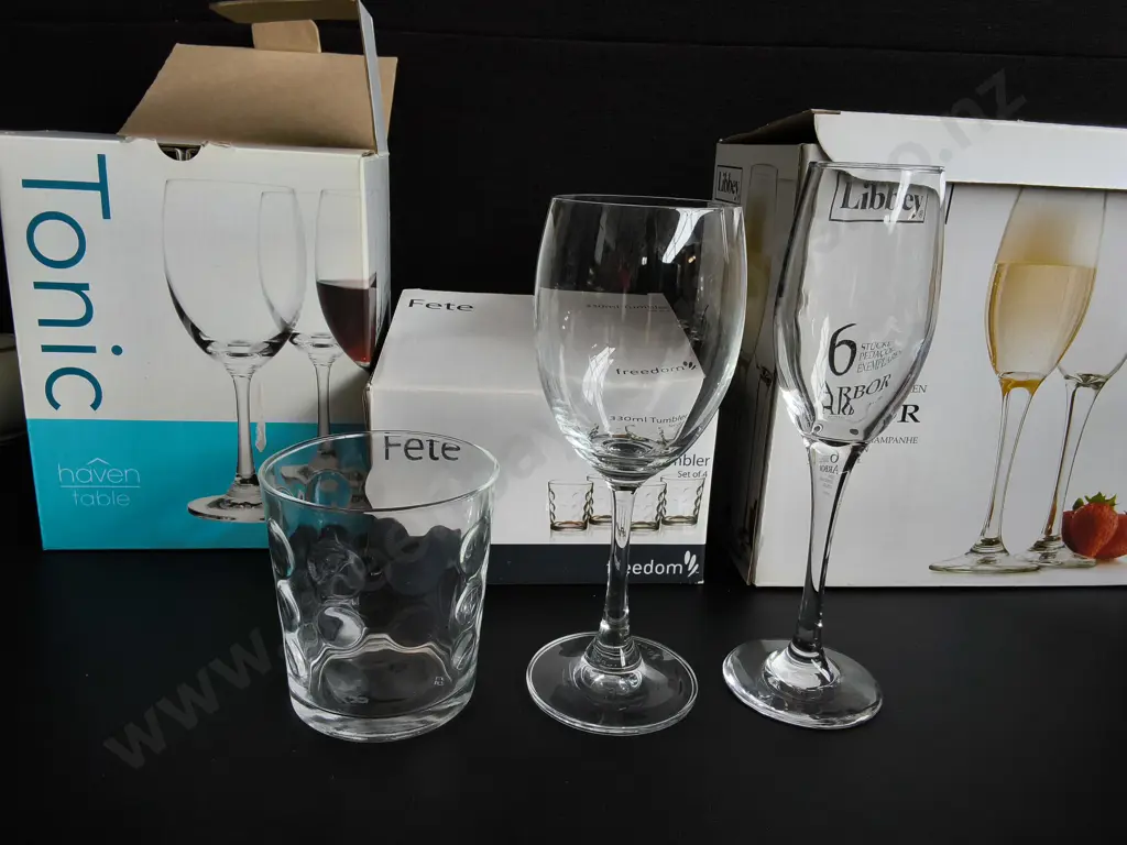 BRAND NEW 3 BOX GLASSWARE, WINE GLASSES, CHAMPAGNE FLUTES, TUMBLERS, 2 SETS OF 4 AND ONE SET OF 6, BOXED Image 1++
