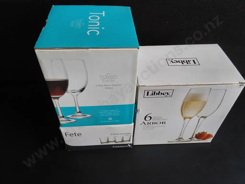 BRAND NEW 3 BOX GLASSWARE, WINE GLASSES, CHAMPAGNE FLUTES, TUMBLERS, 2 SETS OF 4 AND ONE SET OF 6, BOXED Image 1++