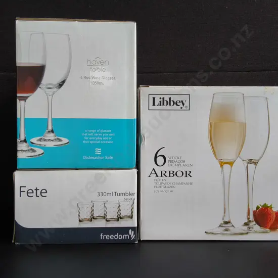 BRAND NEW 3 BOX GLASSWARE, WINE GLASSES, CHAMPAGNE FLUTES, TUMBLERS, 2 SETS OF 4 AND ONE SET OF 6, BOXED